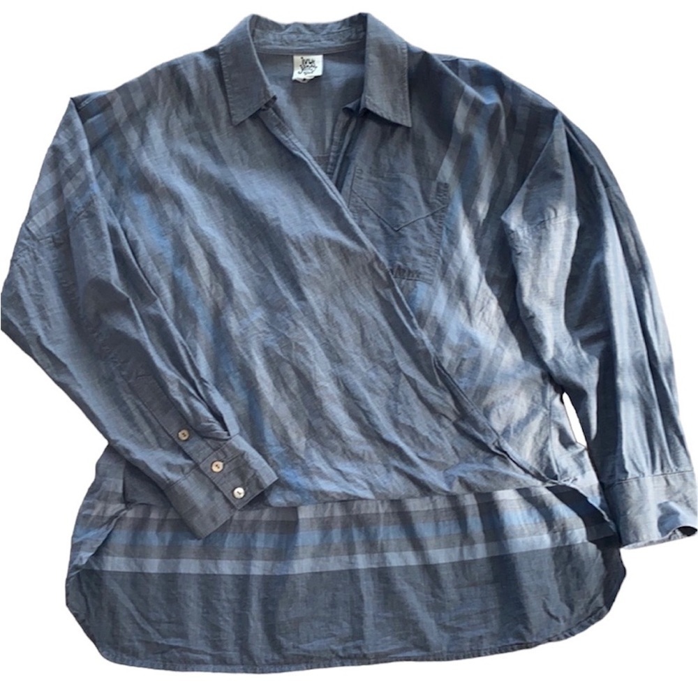 Ivy Jane Size S 100% Cotton Wrap Front High-Low Blue Long Sleeve Collared Top